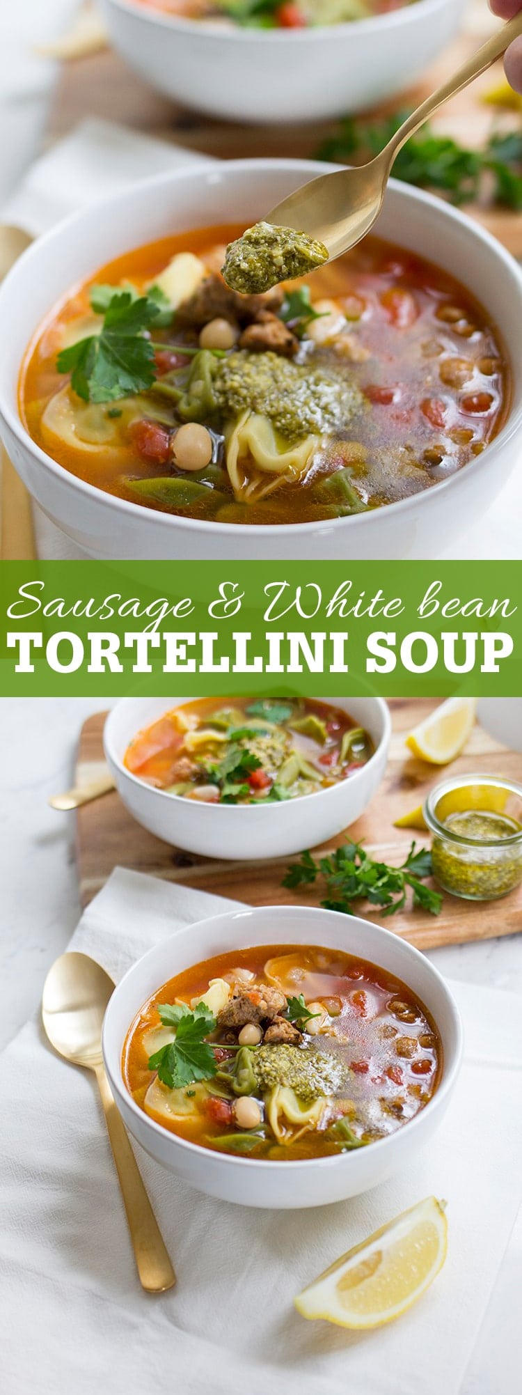 Sausage and white bean tortellini soup with pesto is an easy and comforting weeknight meal!