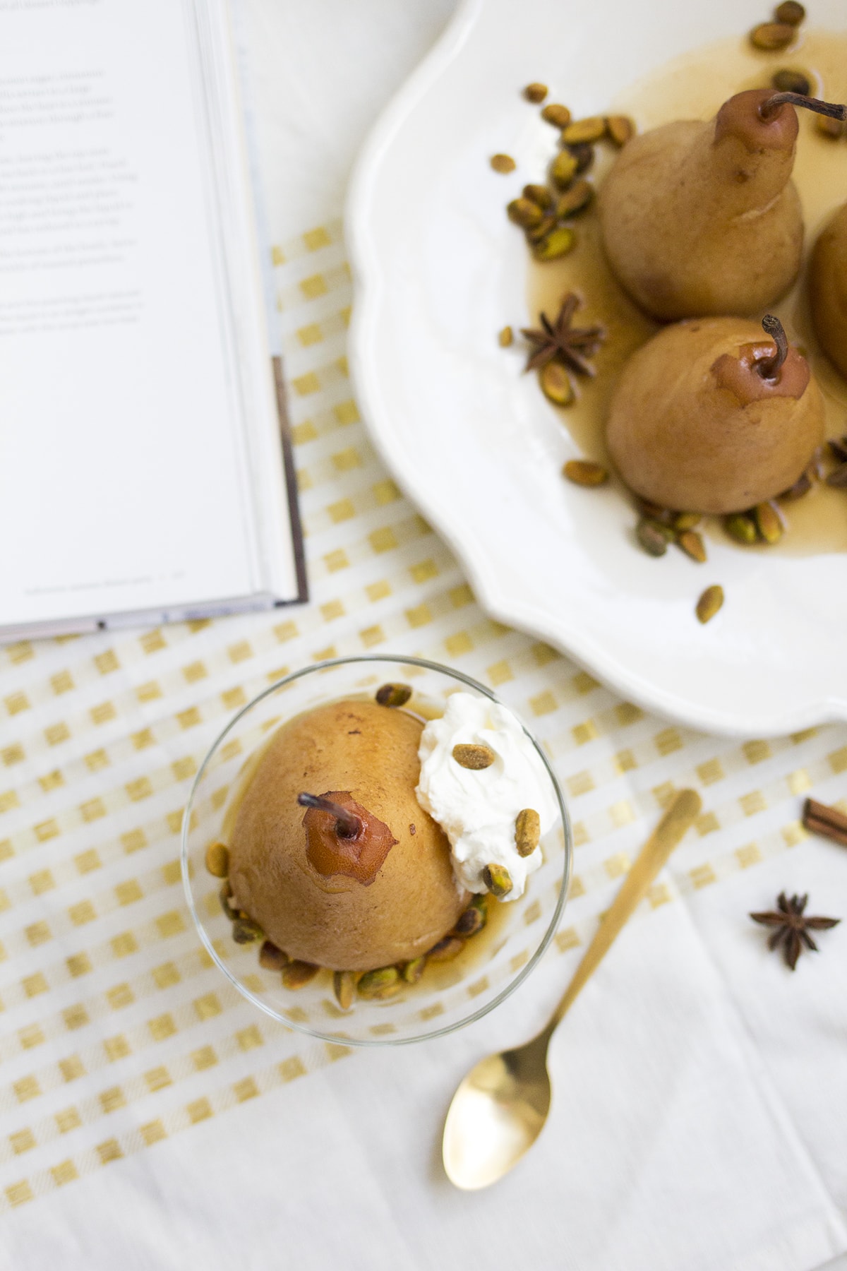 Chai Poached Pears with Whipped Cream and Pistachios