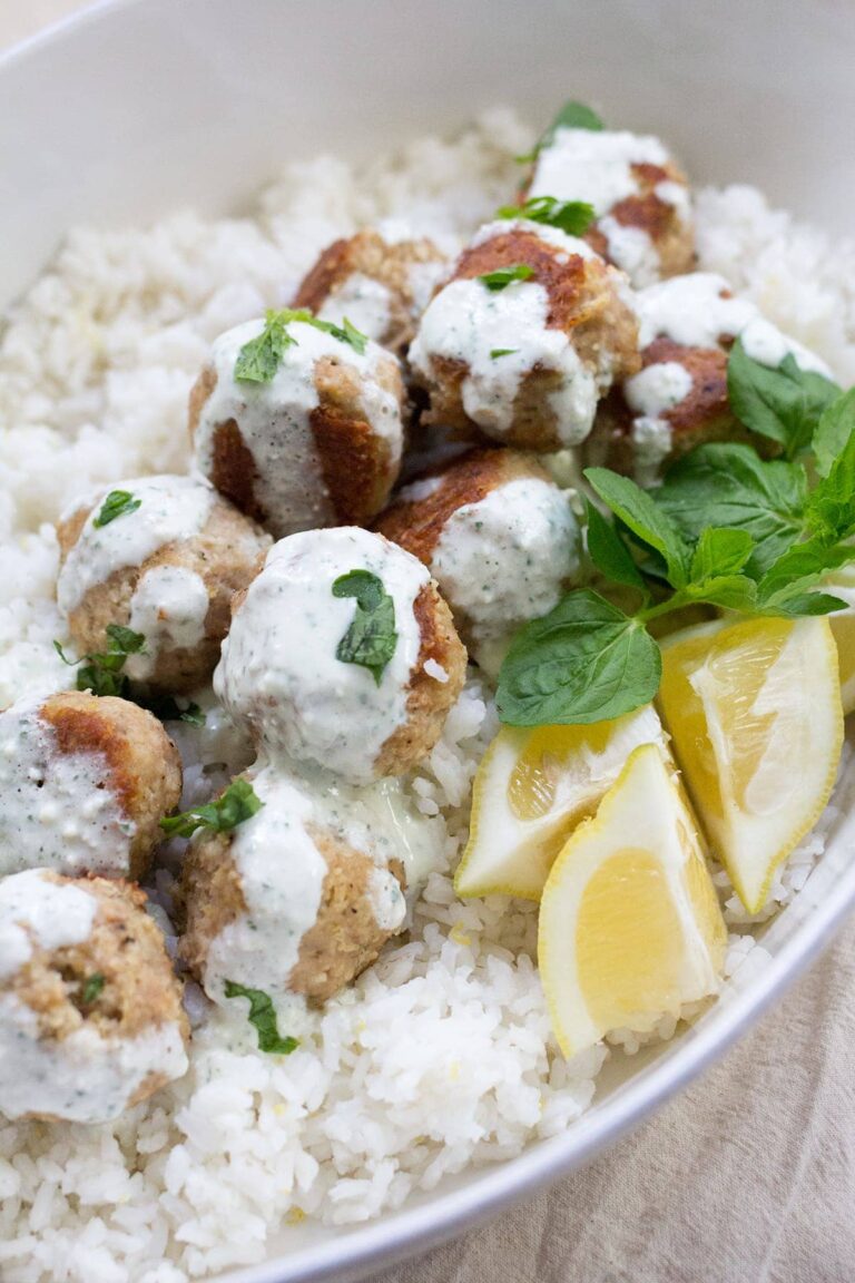 Greek Turkey Meatballs with Mint Feta Sauce • Freutcake