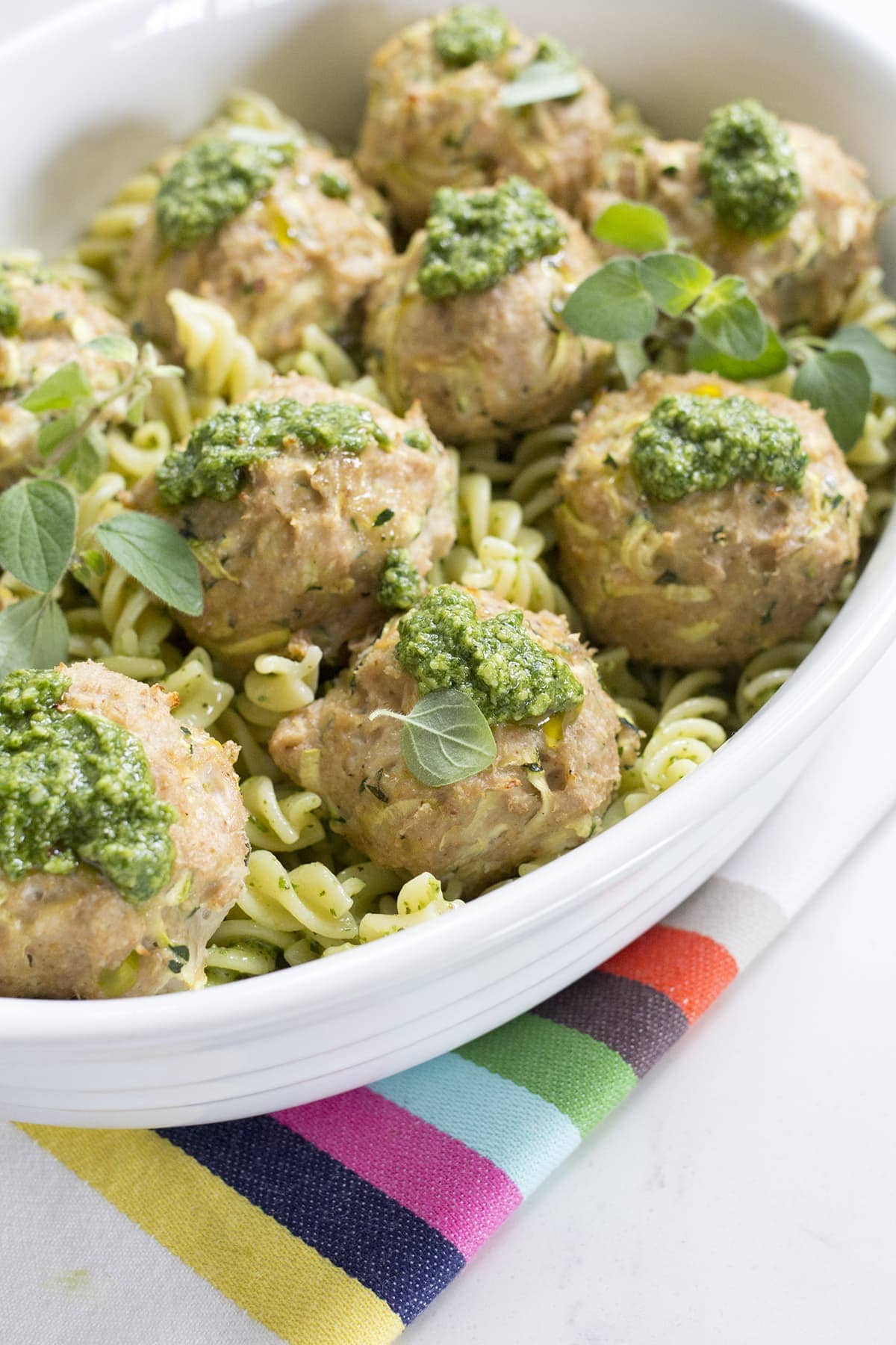 Turkey Zucchini Meatballs with Mint Basil Pesto