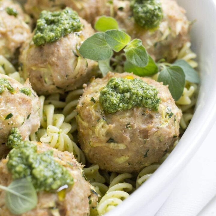 Turkey Zucchini Meatballs with Mint Basil Pesto