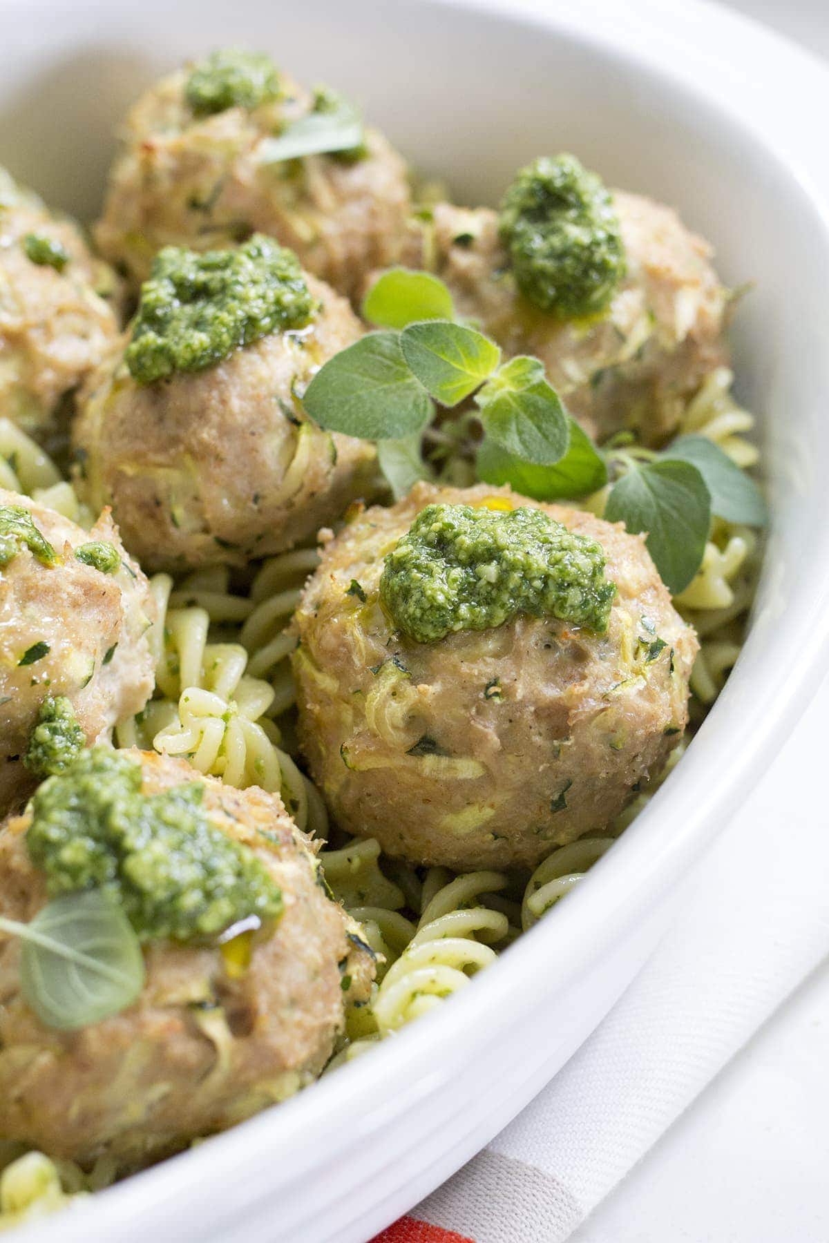 Turkey Zucchini Meatballs with Mint Basil Pesto