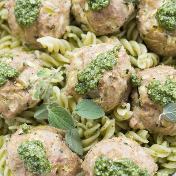 Turkey Zucchini Meatballs with Mint Basil Pesto