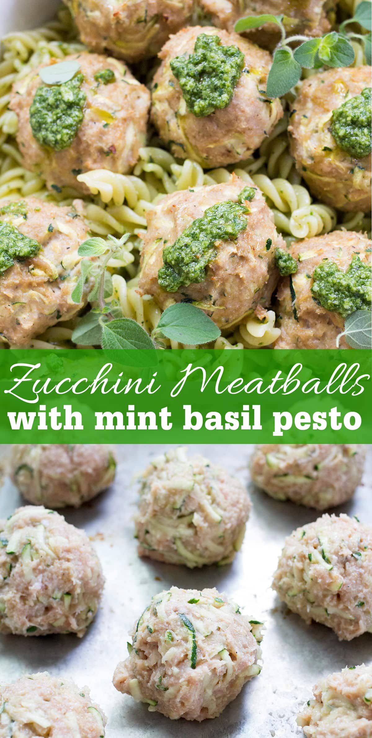 Turkey meatballs made with shredded zucchini and topped with mint basil pesto are a great family dinner recipe to get hidden veggies on the table! Perfect for serving over pasta. 