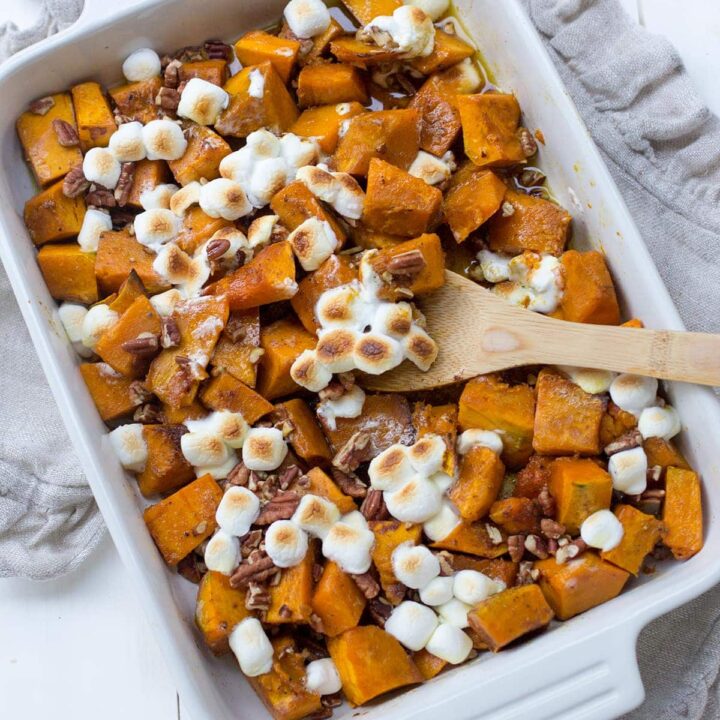 Roasted Kobucha Squash with Brown Butter, Marshmallows and Pecans