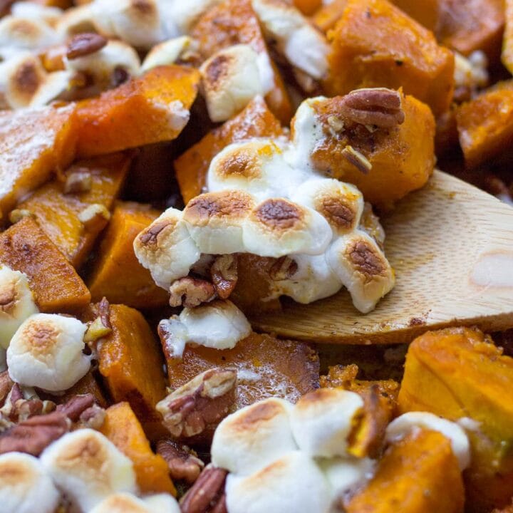 Roasted Kobucha Squash with Brown Butter, Marshmallows and Pecans