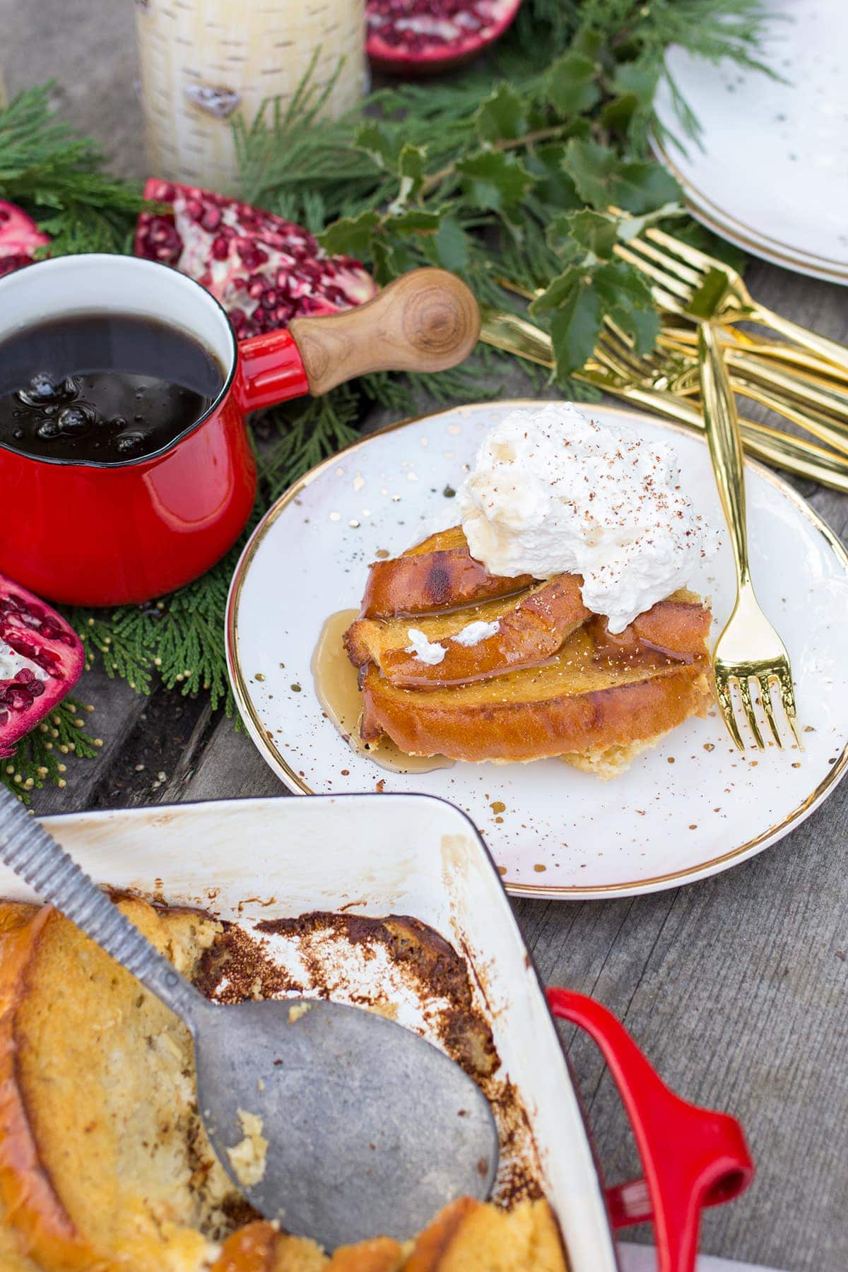 Baked Eggnog French Toast with Whiskey Whipped Cream