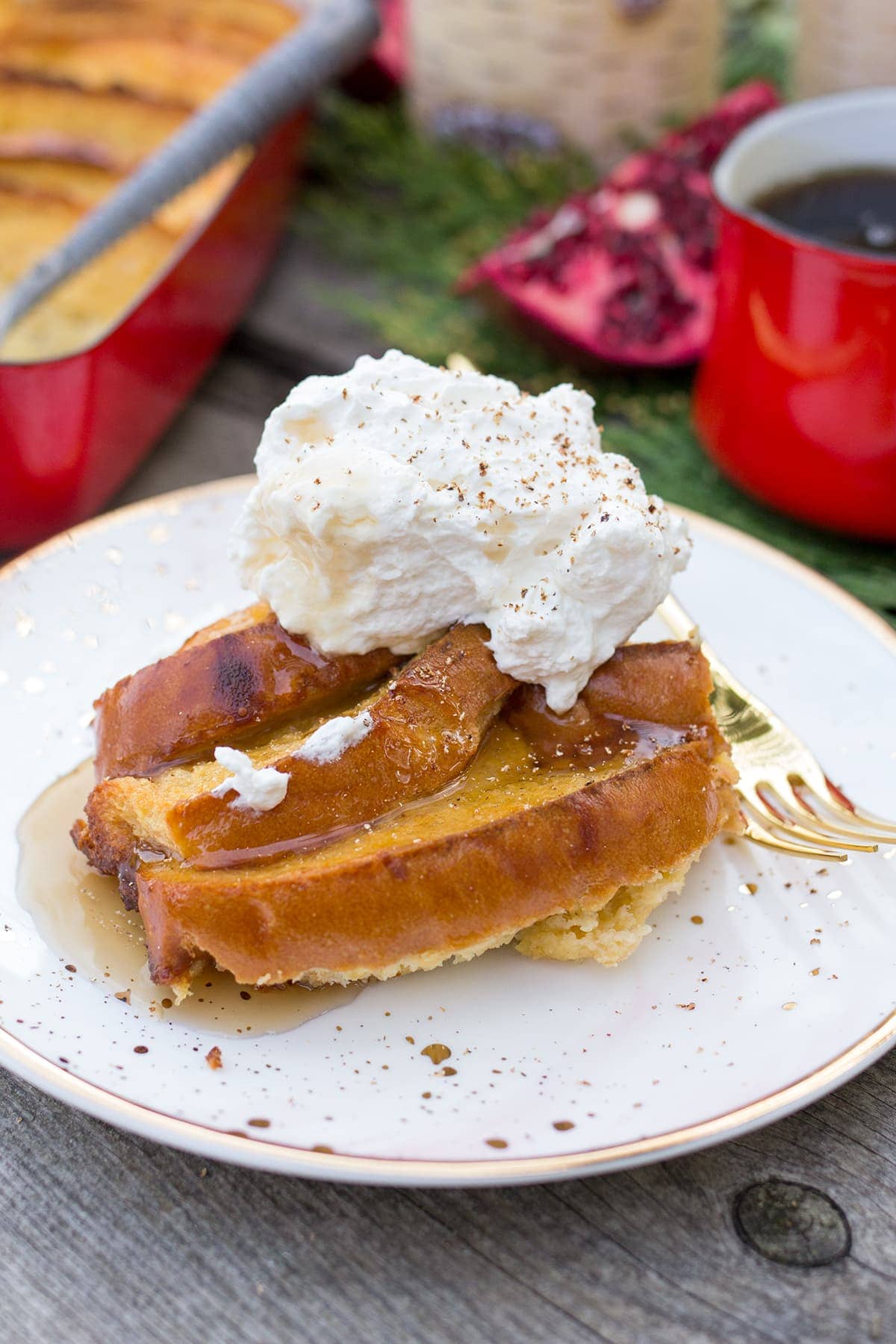 Baked Eggnog French Toast with Whiskey Whipped Cream