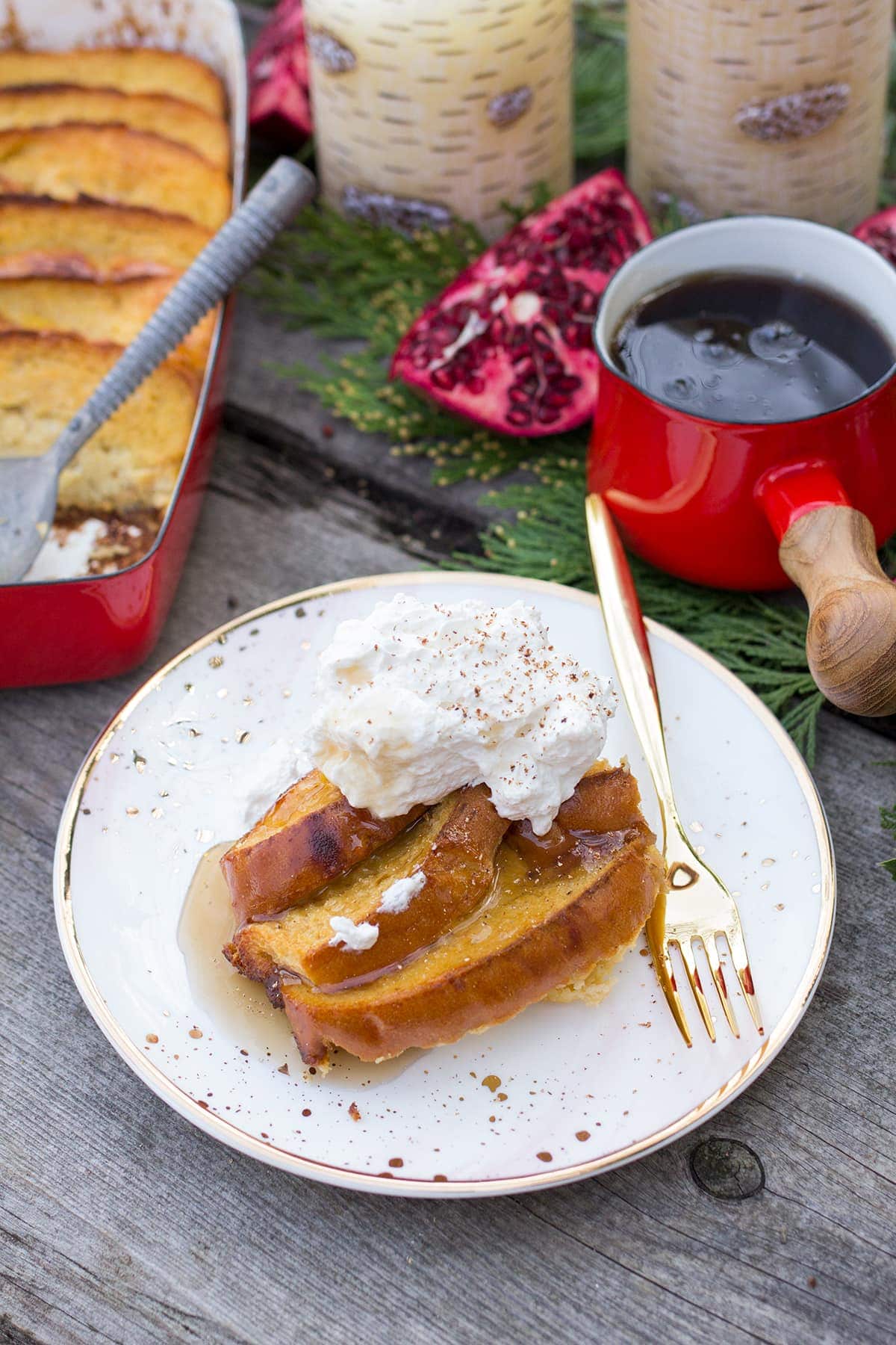 Baked Eggnog French Toast with Whiskey Whipped Cream