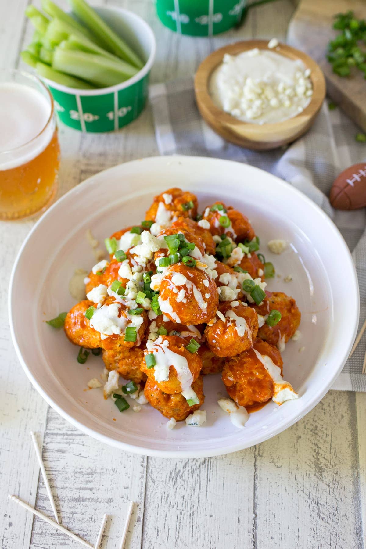 Game Day Buffalo Chicken Meatballs with Blue Cheese