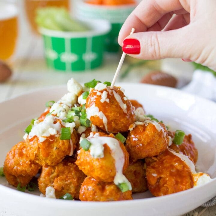 Game Day Buffalo Chicken Meatballs with Blue Cheese