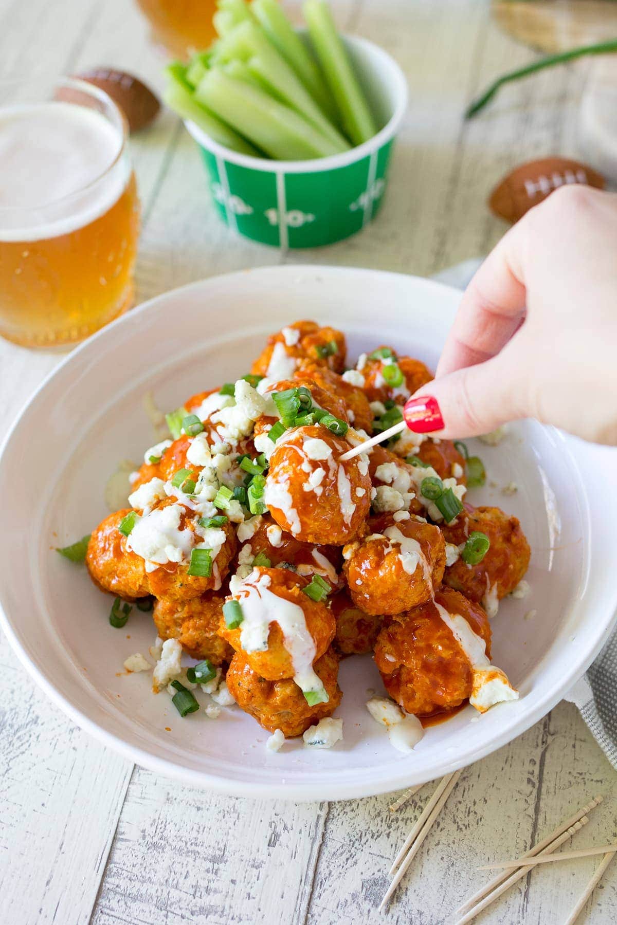 Game Day Buffalo Chicken Meatballs with Blue Cheese