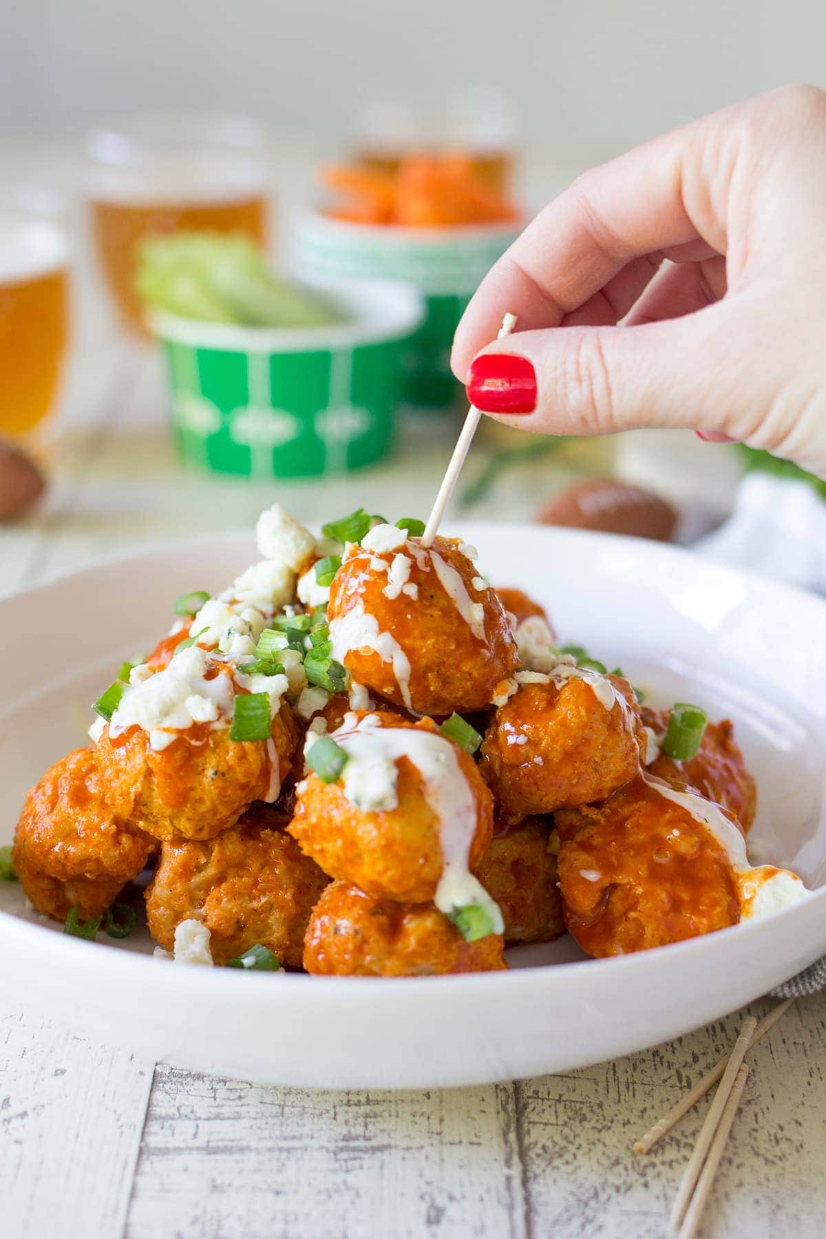 Game Day Buffalo Chicken Meatballs with Blue Cheese