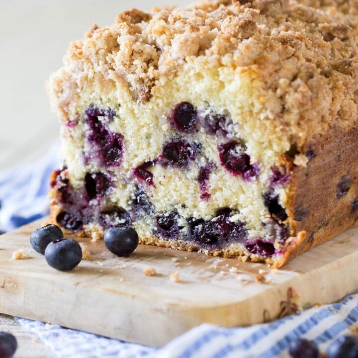 Blueberry Crumb Loaf with a cinnamon crumble topping.
