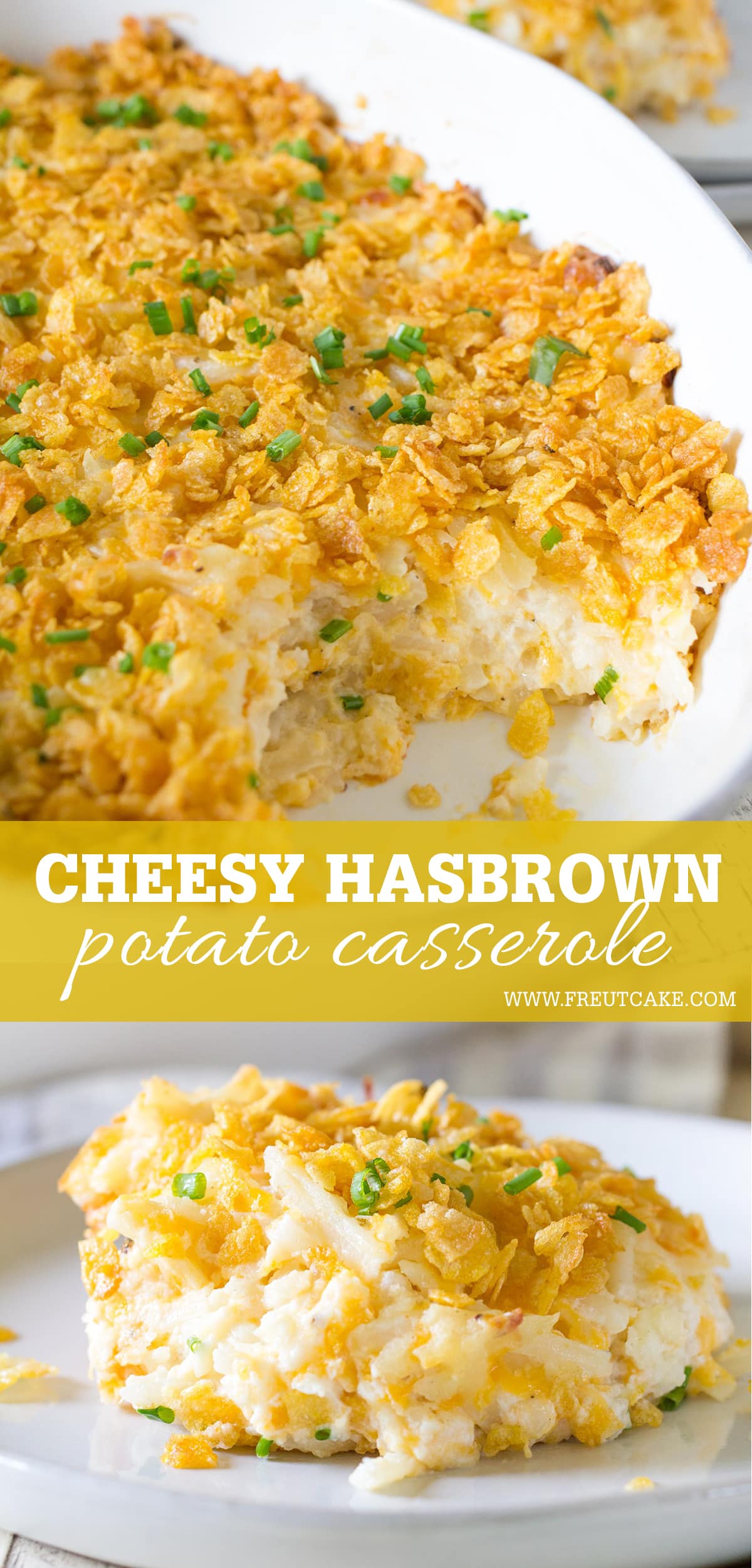 Cheesy Hashbrown Potato Casserole with a corn flake topping