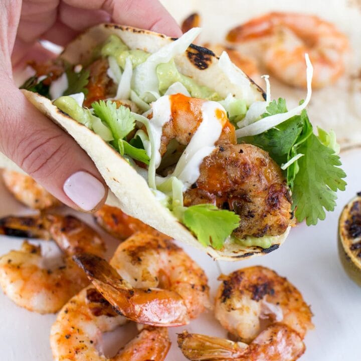 Grilled Shrimp Tacos with Avocado Crema