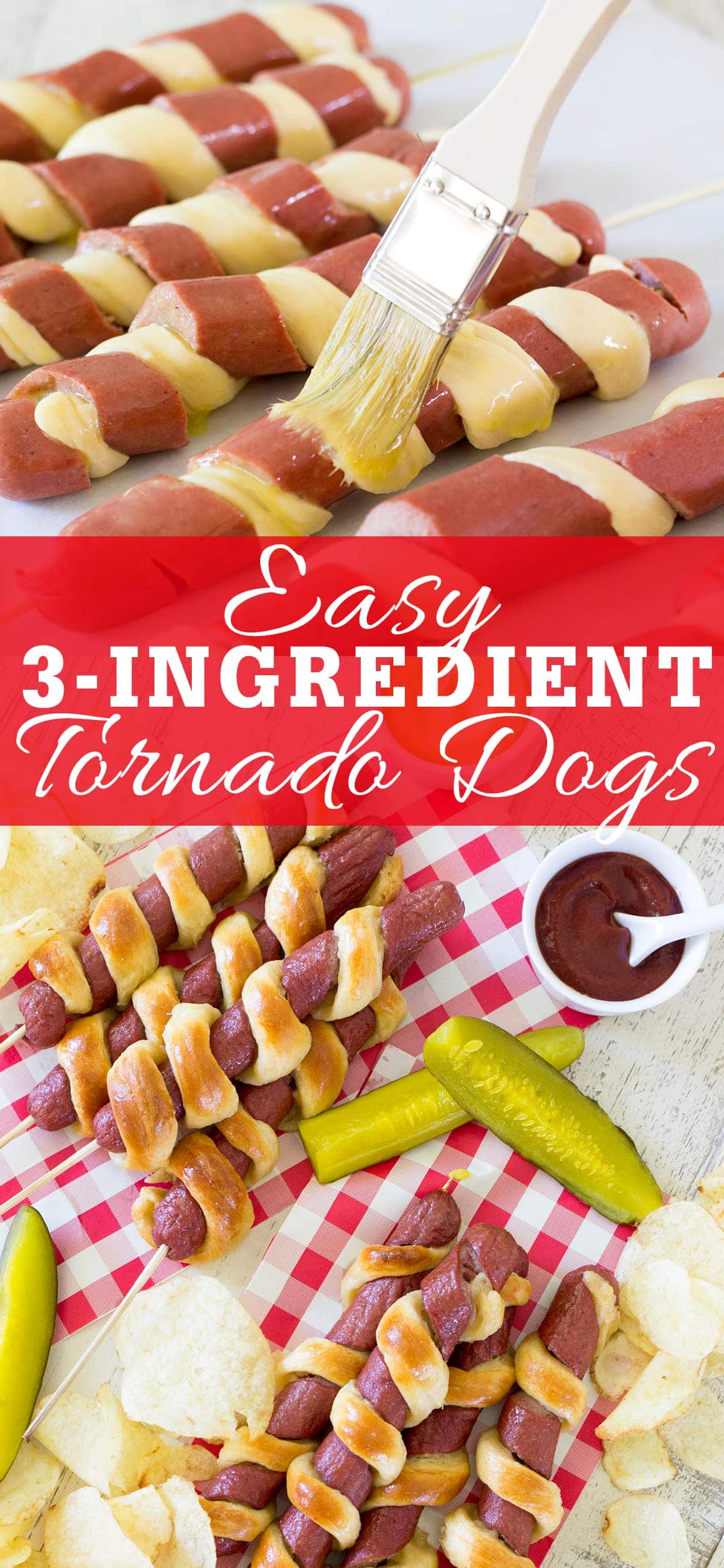 Easy 3-Ingredient Tornado Hot Dogs, spiral cut hot dogs wrapped in crescent roll dough, are an easy and fun way to prepare hot dogs for the 4th of July or anytime of year! 