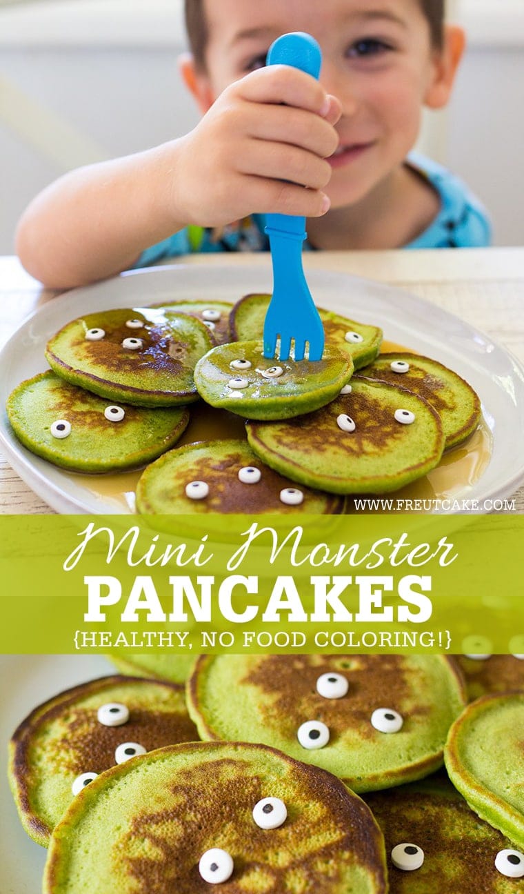 Healthy Halloween Monster Pancakes for Kids made with fresh spinach and no food coloring! 