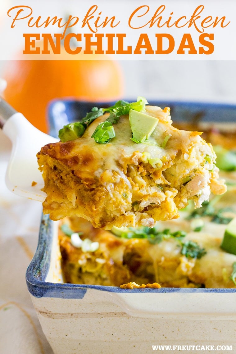 Pumpkin Chicken Enchiladas with a Pumpkin Enchilada Sauce make an easy and delicious family weeknight or weekend dinner perfect for fall. #enchiladas #pumpkin #chickenenchiladas #pumpkinenchiladas #enchiladasauce #glutenfree #glutenfreeenchiladas #pumpkinspice #dinner #weeknightdinner #easydinner #rotisseriechicken