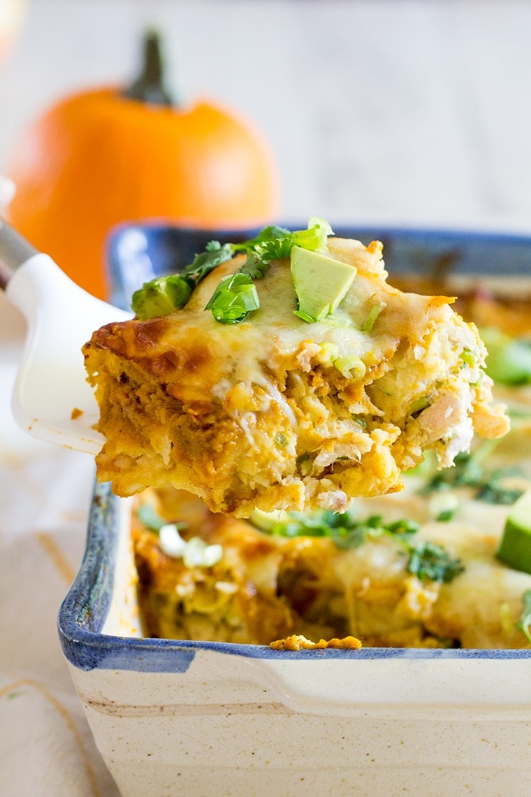 Pumpkin Chicken Enchiladas with a Pumpkin Enchilada Sauce make an easy and delicious family weeknight or weekend dinner perfect for fall. #enchiladas #pumpkin #chickenenchiladas #pumpkinenchiladas #enchiladasauce #glutenfree #glutenfreeenchiladas #pumpkinspice #dinner #weeknightdinner #easydinner #rotisseriechicken