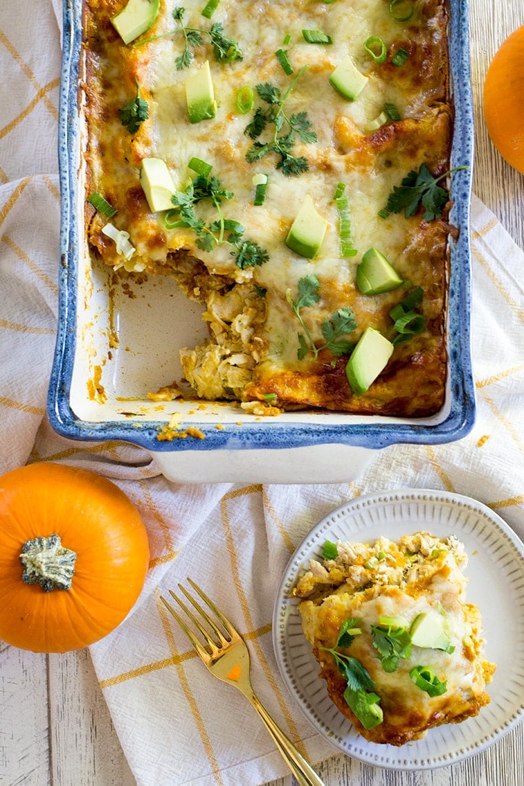 Pumpkin Chicken Enchiladas with a Pumpkin Enchilada Sauce make an easy and delicious family weeknight or weekend dinner perfect for fall. #enchiladas #pumpkin #chickenenchiladas #pumpkinenchiladas #enchiladasauce #glutenfree #glutenfreeenchiladas #pumpkinspice #dinner #weeknightdinner #easydinner #rotisseriechicken