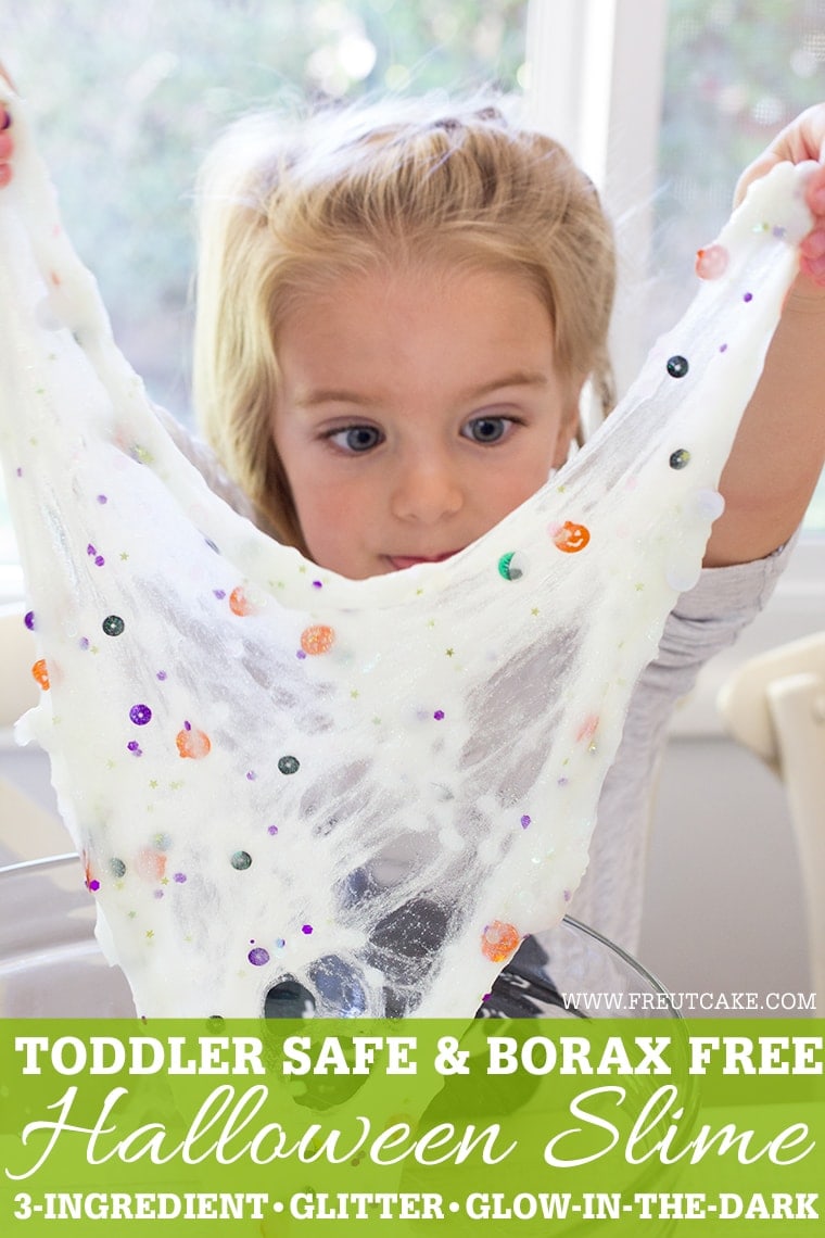 Toddler Safe Halloween Glitter Slime Recipe only has 3 Ingredients and no Borax so it's worry free for kids. Great for sensory play, preschool, or kindergarten classrooms. Mess free and quick to make for ages 3 and up. #Slime #BakingSoda #Glue #ContactLenses #Goo #Solutions #Glitter #Magic #Craft #Kids #KidsCraft #SlimeRecipe #Diy #Activities