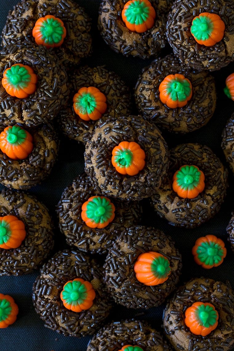 Chocolate Peanut Butter Pumpkin Blossoms are the perfect Halloween cookie. Classic peanut butter blossom cookies with a chocolate twist and a mallowcream pumpkin on top. #peanutbutter #cookie #halloween #halloweencookie #peanutbutterblossom #Pumpkincookie 