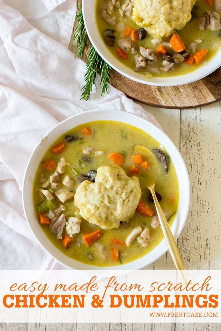 Easy Chicken and Dumplings from Scratch with mushrooms. A creamy chicken and mushroom soup finished with light and fluffy homemade dumplings. This soup recipe is the ultimate comfort food! #chicken #soup #dumplings #mushroomsoup #chickensoup 