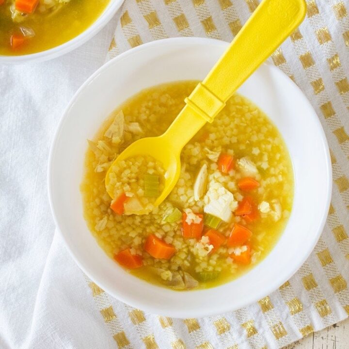 Homemade Chicken and Stars Soup is the perfect toddler meal for lunch or dinner. It's fast to make thanks to store bought rotisserie chicken and delicious to eat. #kidfriendly #chickenandstars #soup #chickennoodle #chickensoup #rotisserie #dinner #toddlermeal #starsoup #starpasta #pasta