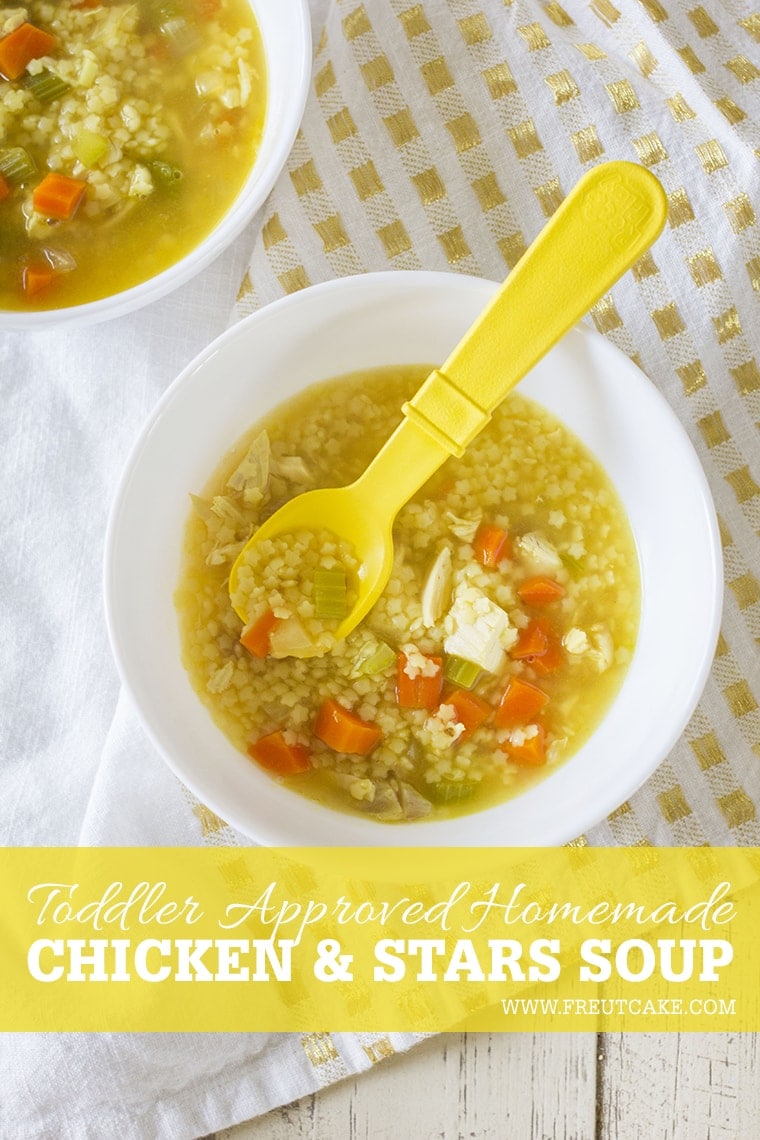 Homemade Chicken and Stars Soup is the perfect toddler meal for lunch or dinner. It's fast to make thanks to store bought rotisserie chicken and delicious to eat.  #kidfriendly #chickenandstars #soup #chickennoodle #chickensoup #rotisserie #dinner #toddlermeal #starsoup #starpasta #pasta 