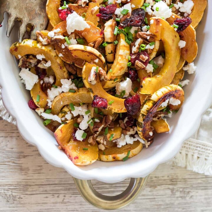 Roasted Delicata Squash with Cranberries and Feta makes a perfect Thanksgiving side dish #thanksgiving #delicata #squash #healthy