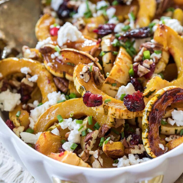 Roasted Delicata Squash with Cranberries and Feta makes a perfect Thanksgiving side dish #thanksgiving #delicata #squash #healthy